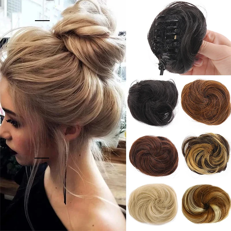 Pão de cabelo encaracolado sintético para mulheres Clipe de garra de cor mista Cabelo bagunçado Updo Fibra química