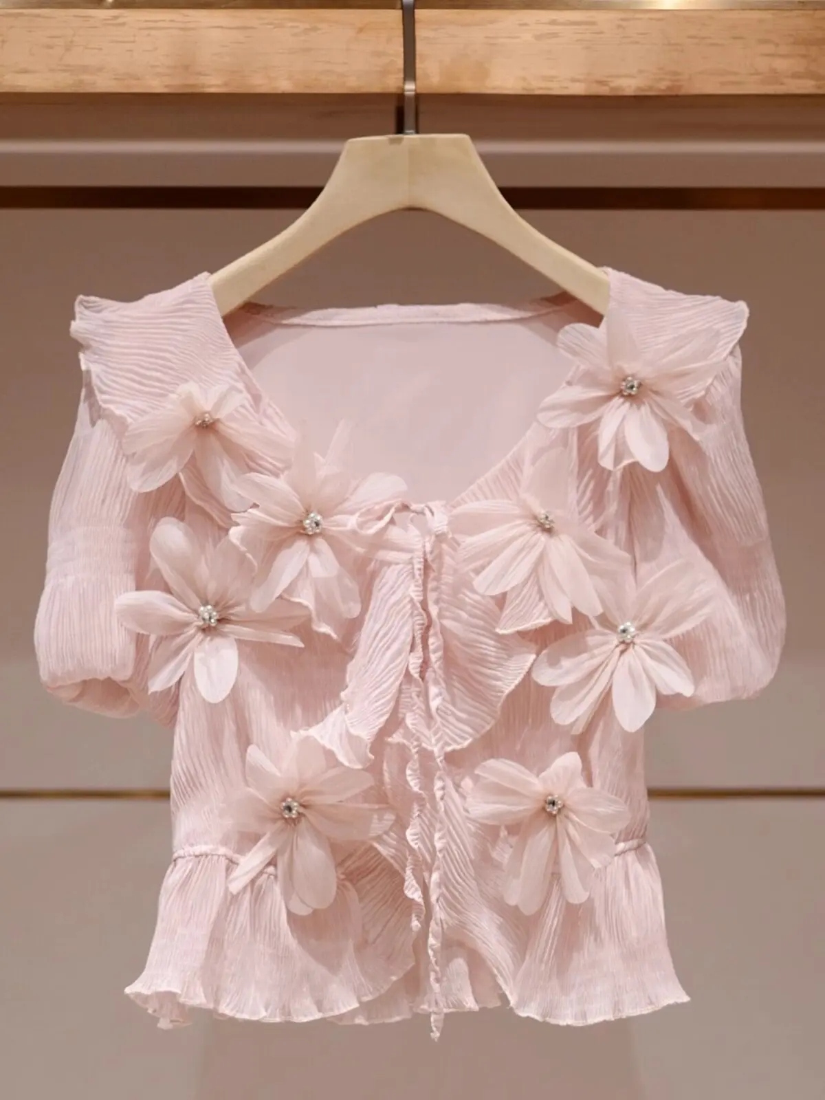 Unique Design Top Spring Summer 26 Bubble Sleeve Flower Crew Neck Pink Sweet Shirt