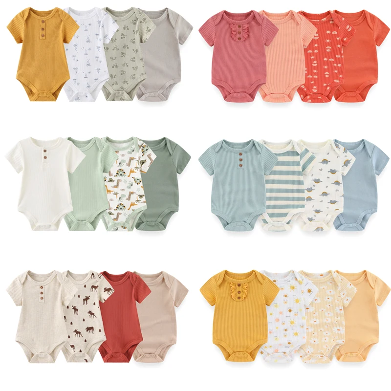 Cartoon Cute 4-Piece Baby Boy Girl Bodysuits Cotton Soft Newborn Unisex Onesies 0-12M Short Sleeves Infant Clothes