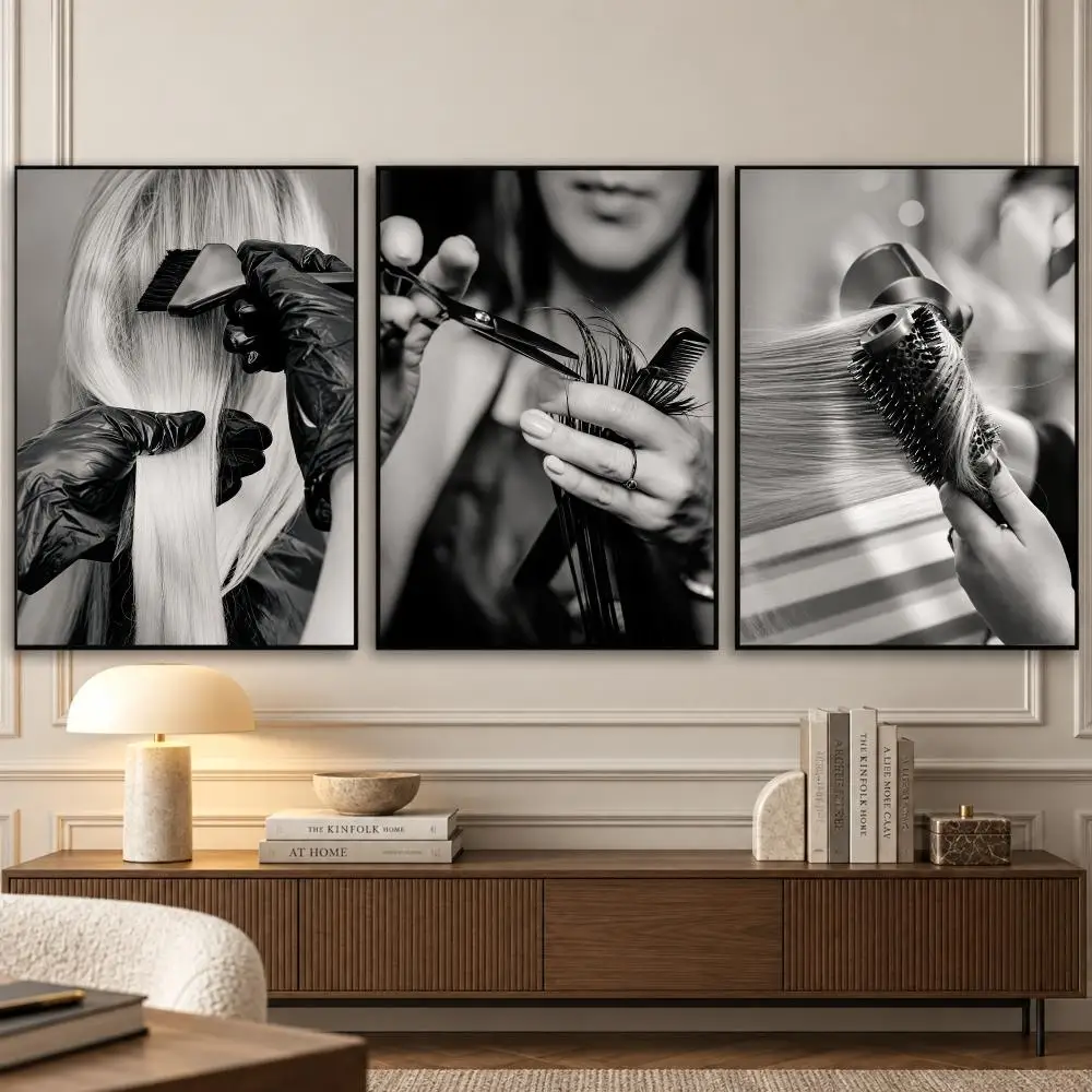 Monochrome Hair Studio Painting Calligraphy 3 PCS Vintage Fashion Canvas Wall Art Prints for Living Room Decor