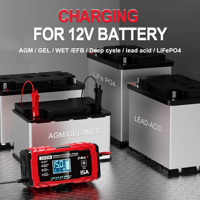 EU/US Plug 12V 15A Automotive Battery Charger LCD Display Smart Pulse Repair Charger for Car SUV MPV Truck Motorcycle Batteries