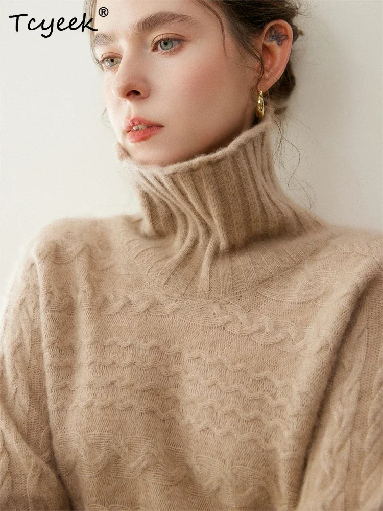 Tcyeek Autumn Winter Sweater Women's High Lapel Pullover 100% Cashmere Sweater Loose Horizontal Knitting Jacquard Warm Clothing