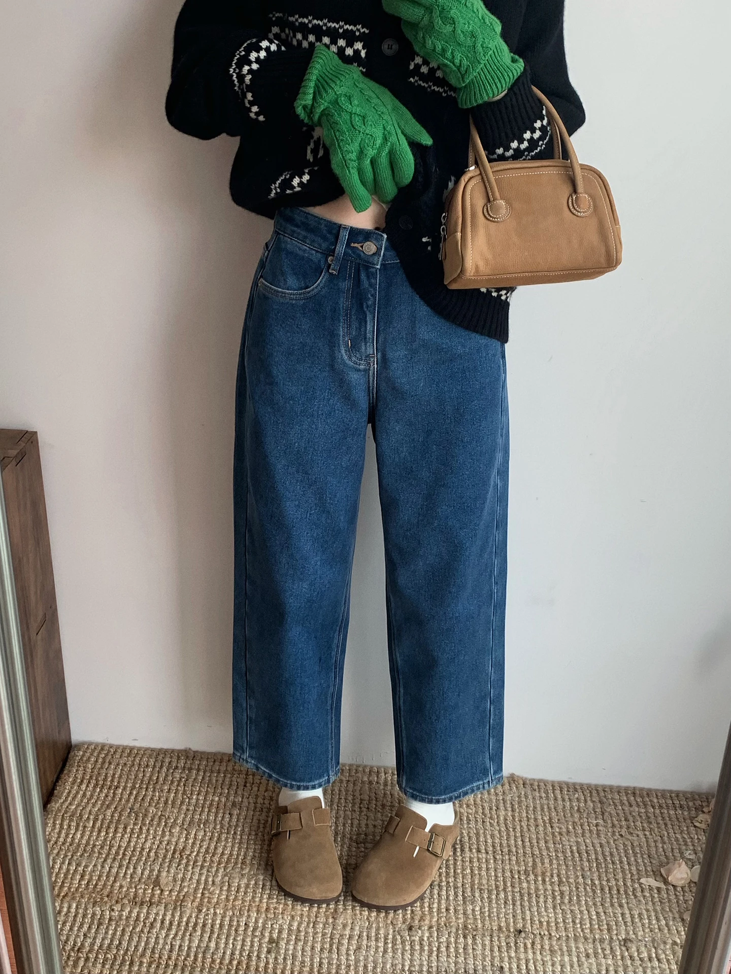 

Ретро-корейские джинсы-харланы с высокой талией, свободного кроя, синие, женские, осенне-зимние, утягивающие, укороченные (7/8)