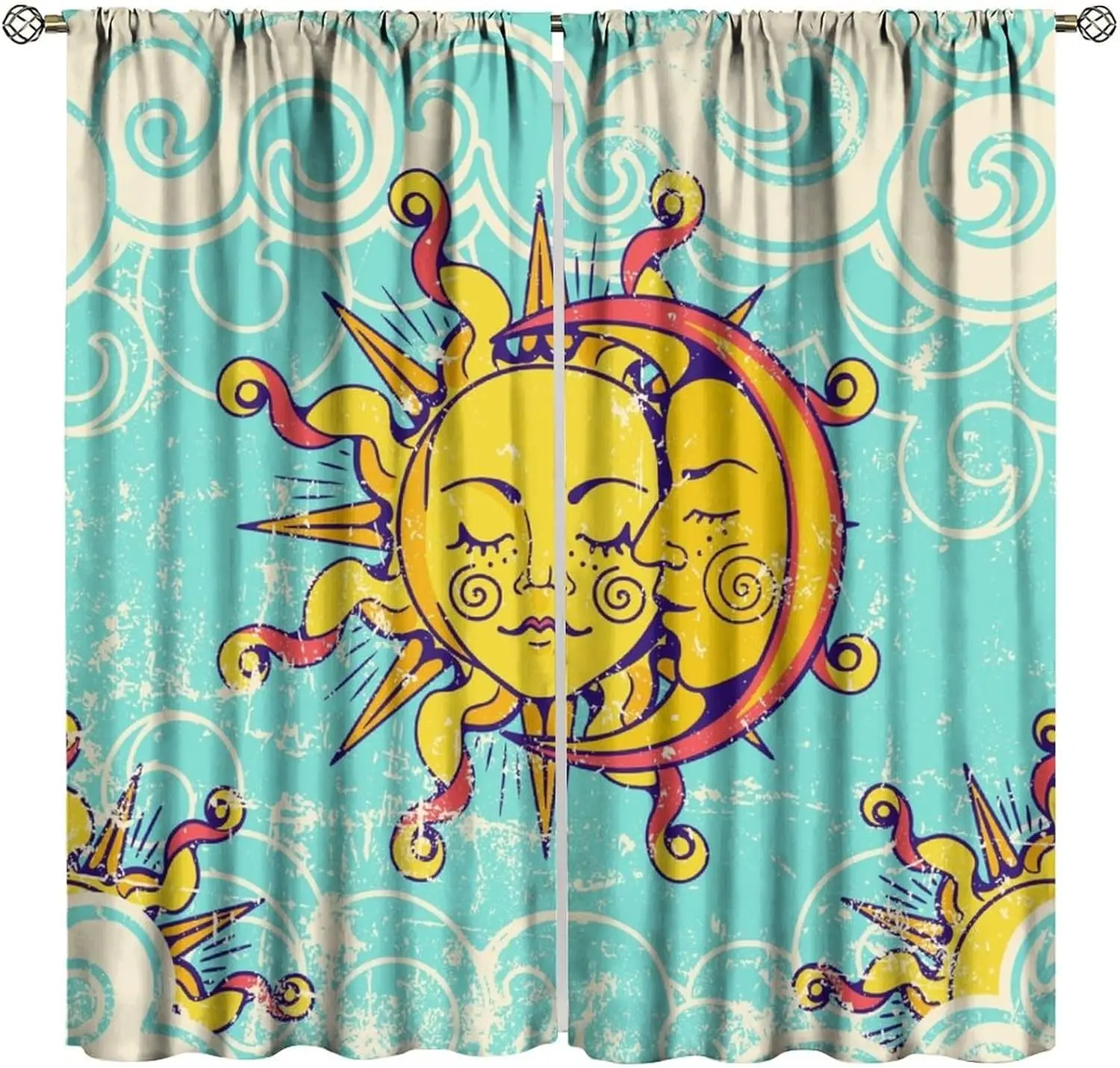 Retro Sun Moon Curtain Fantasy Vintage Celestial Magic Blackout Window Drapes for Bedroom Living Room Kitchen Cafe Decor