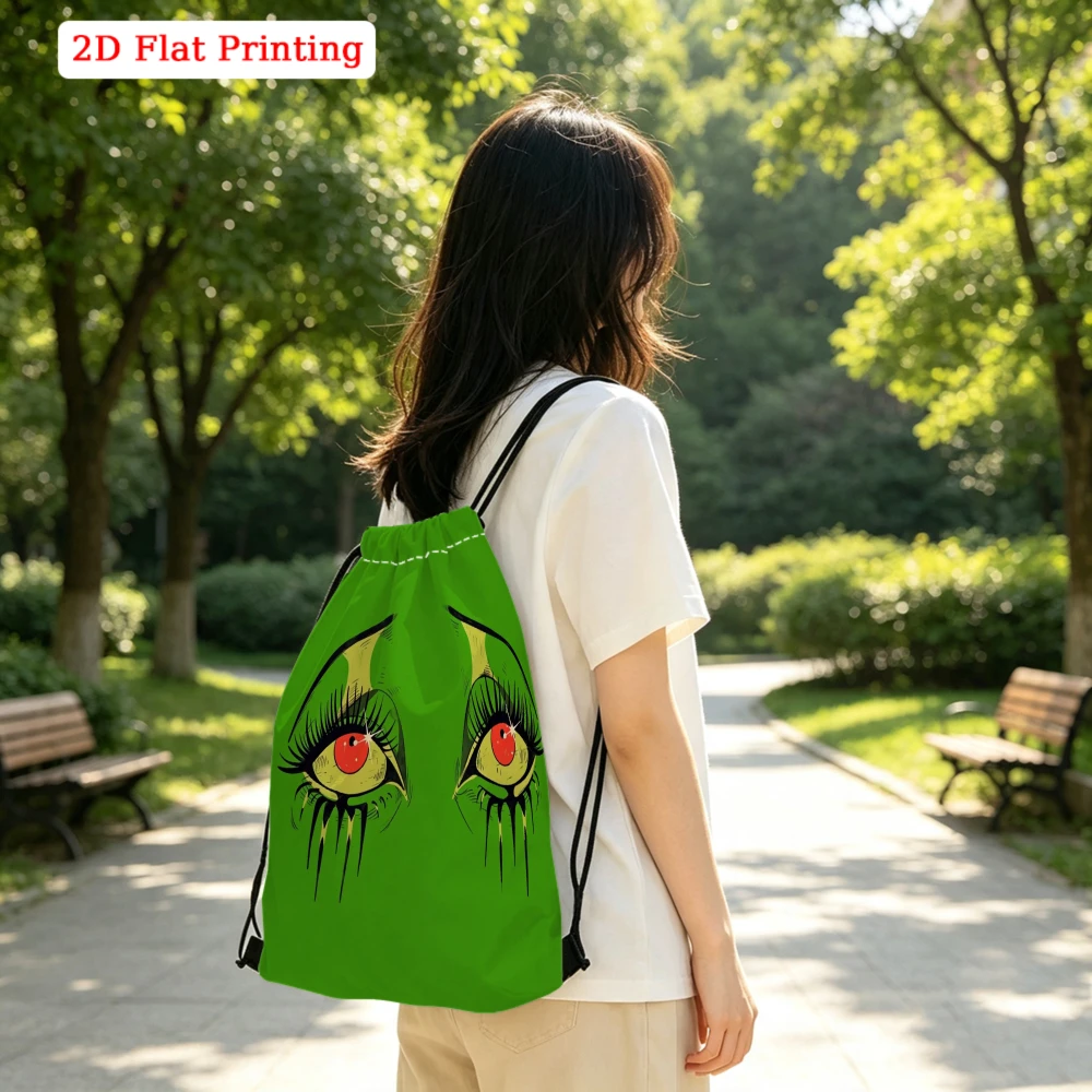 Trendy 2D Flat Printing Drawstring Backpack, Green Monster Eyes Pattern Gym Sports Bag, Outdoor Travel Cinch Sack