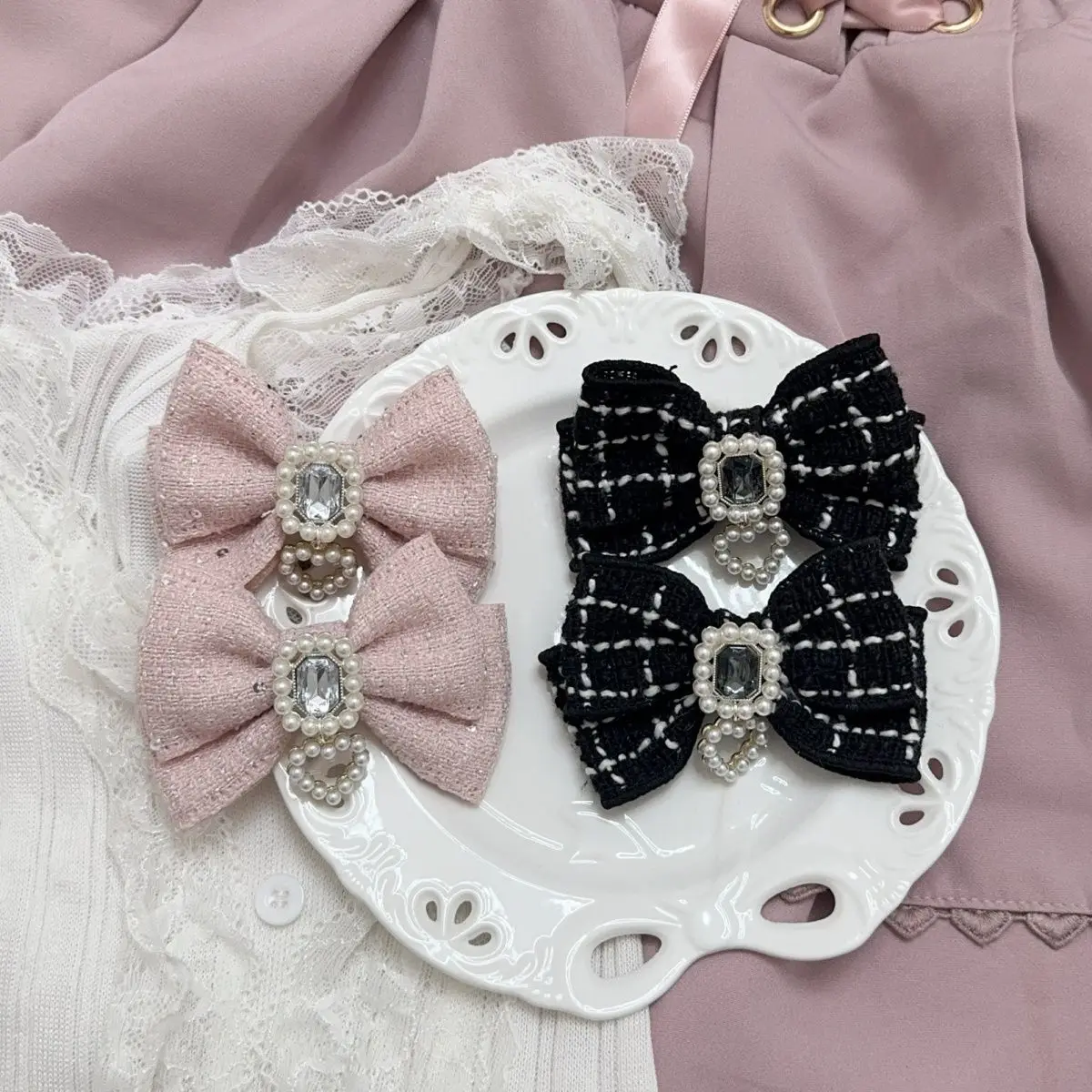 Japanese Sweet Lolita Hair Accessories Women's Bud Series Mass Production Bow Rhinestone Pearl Pair Clip Ponytail Lady Edge Clip