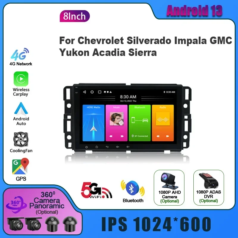 8inch Wireless Android13 For Chevrolet Silverado Impala GMC Yukon Acadia Sierra  Carplay 4G Multimedia Car Radio 2 Din Screen