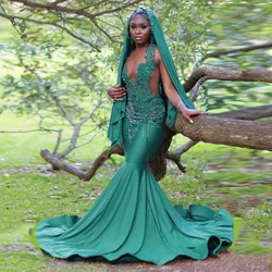 Dainty Dark Green Beaded Mermaid Dress Sleeveless Crystals Beaded Smooth Satin Woman Clothes Custom Made Appliques Prom Dresses
