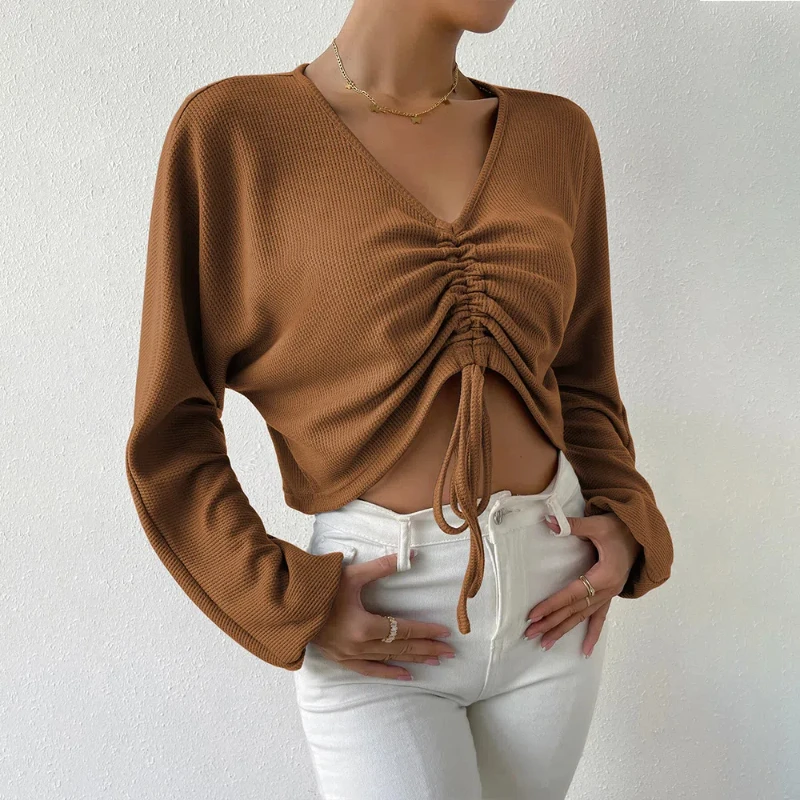 Women's Loose Casual V-neck Drawstring Waffle Long Sleeved T-shirt with Exposed Navel Versatile Top