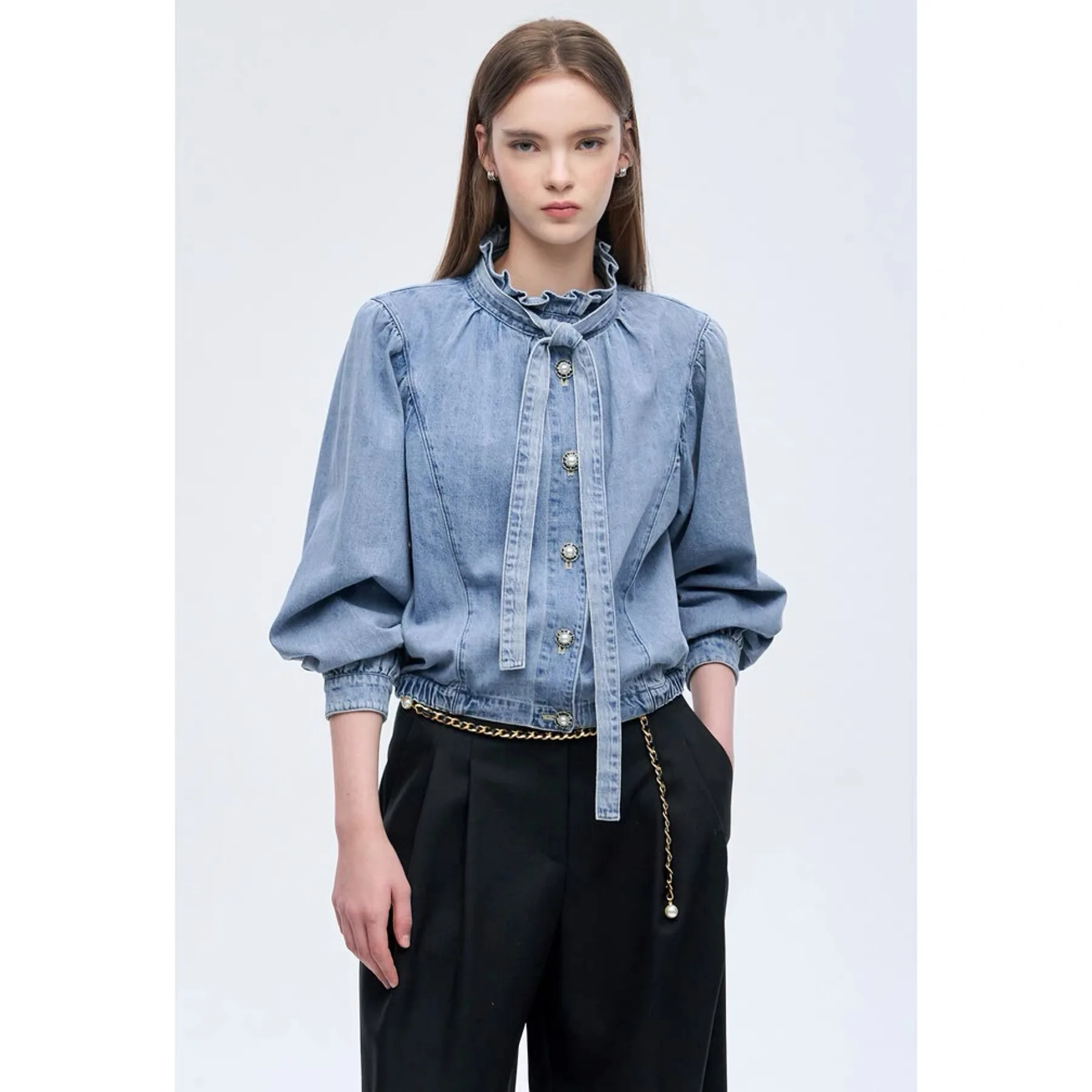 Lemon Cheese OBZ26 Spring Stand Collar Removable Ribbon Versatile Slimming Denim Jacket Women's Business Casual Short Coat