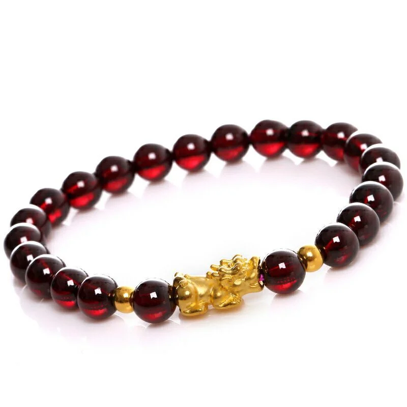 Garnet Multi-Loop Bracelet for Women, Simple Design with Gold-Plated Pixiu Lucky Beads, Elegant and Perfect for Everyday Wear