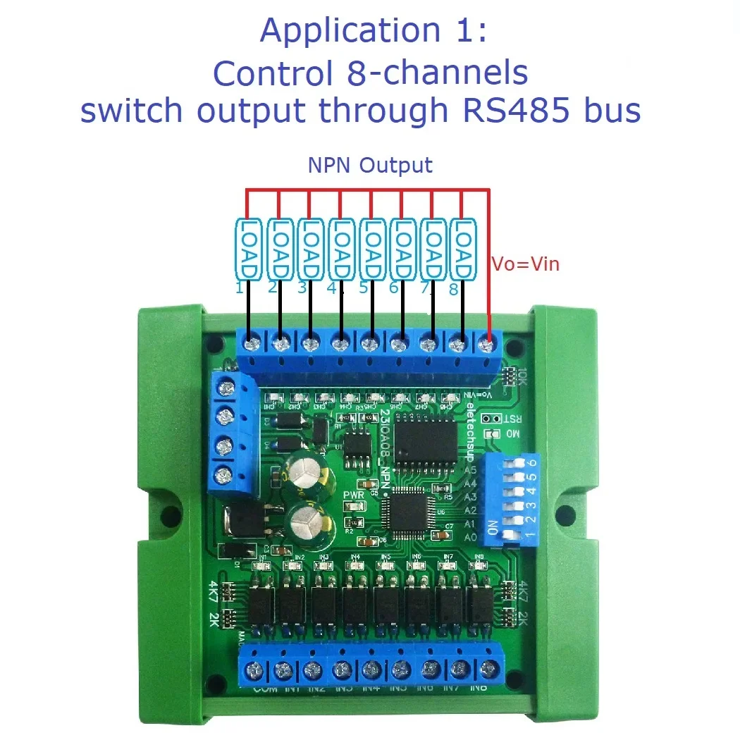 RS485 IO Module Modbus Rtu Board DC 12V 24V 8DI-8DO NPN/PNP Optically Isolated Input &  300MA NPN Solid State Relay Output