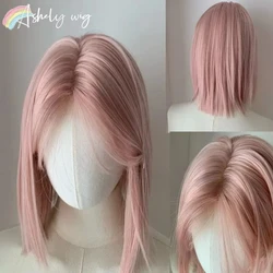 Ashely doce curto bob peruca para mulheres perucas dianteiras do laço bandana verão fresco rosa loira cabelo curto cosplay rosa peruca lolita