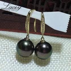 Real Tahitain Black Pearl Earrings For Women,18k Yellow Gold Big SeaPearl Earrings AU750 Wedding Bride Gift