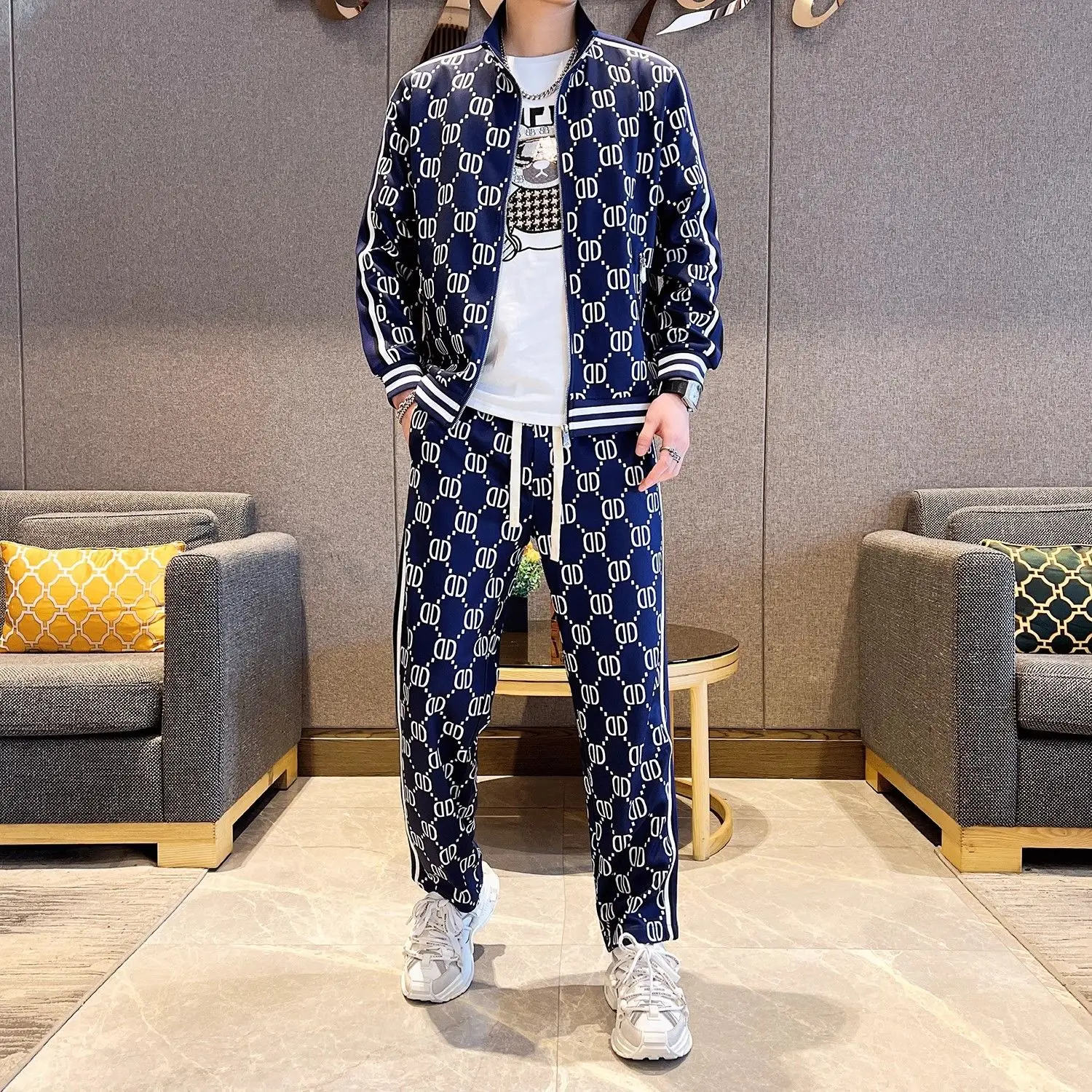 Spring and autumn new fashion long-sleeved cardigan top straight trousers with two-piece comfortable sports suit