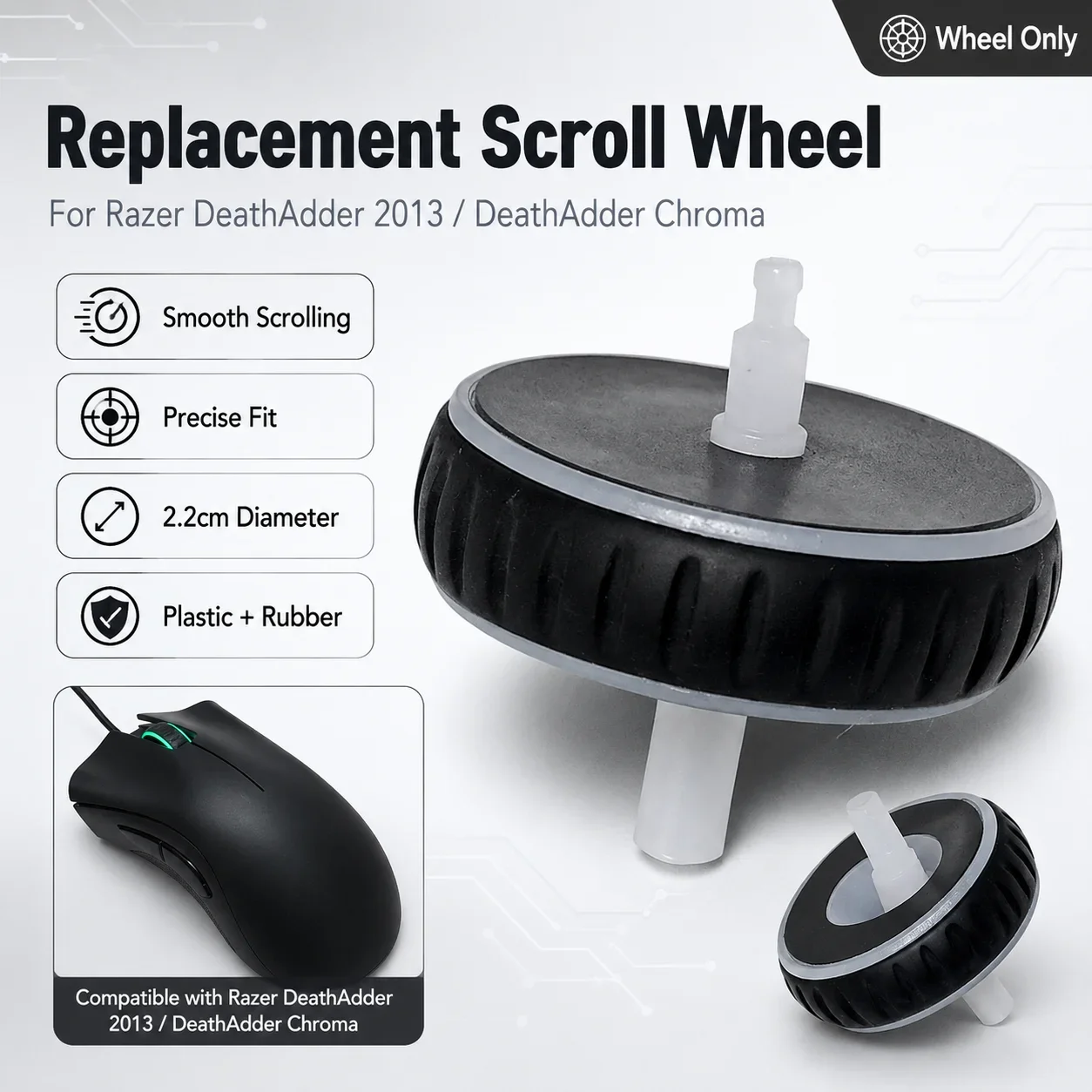 Mouse Scroll Wheel Replacement Repair Part For Razer DeathAdder 2013 / Chroma, 22mm Rubber Roller Encoder Wheel