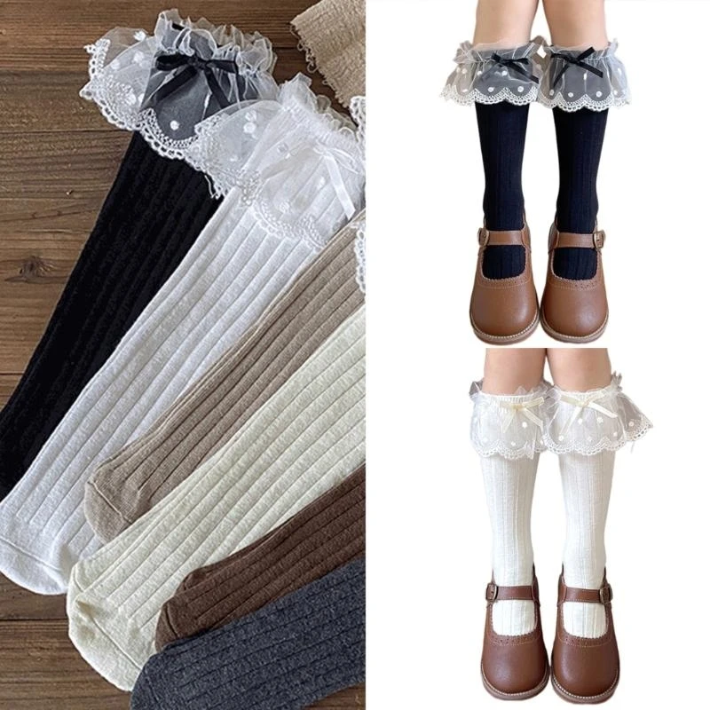 

Q81A Bowknot High Boot Socks Breathable Fashion Long Loose Socks Socks Lace Calf Socks Stockings for Girl 3-10 Year