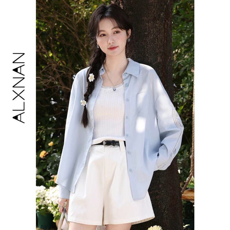 

ALXNAN Blue Shirt Women Spring Summer Hollow Out Long Sleeve Shirts Fashion Casual Elegant Loose-fit Office Female Tops L62211