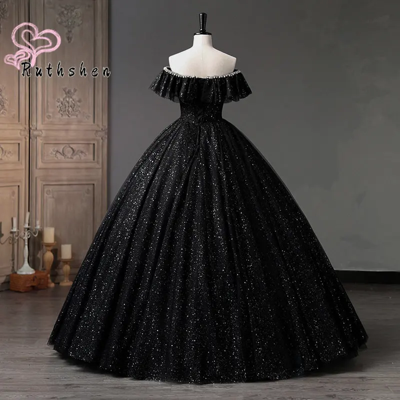 Shimmering Black Ball Gown Prom Dresses Long 2023 Pearls Beaded Off Shoulder Evening Party Occasion Vestidos De Noche