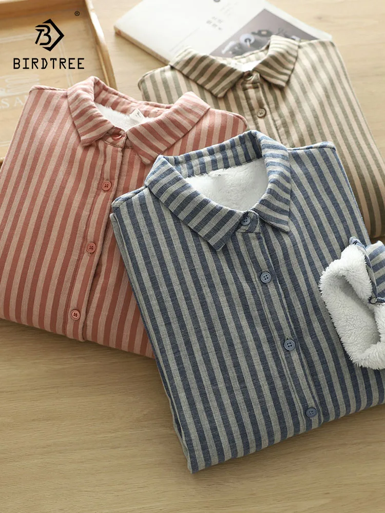 

New 2025 Autumn Cotton Long Sleeve Fleece Shirt, Women Turn-down Collar Striped, Mori Girl Warm Fashion Loose Blouse T5O886CC