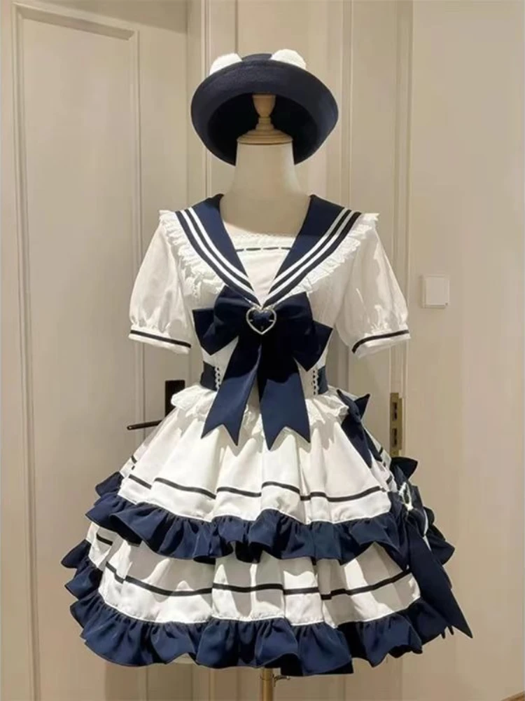 Sweet Cute Girl Navy Collar Short Sleeve Set Japanese Kawaii Lolita Style Lace Bow Dress Sets Sailor Collar Princess Party Dress image 5