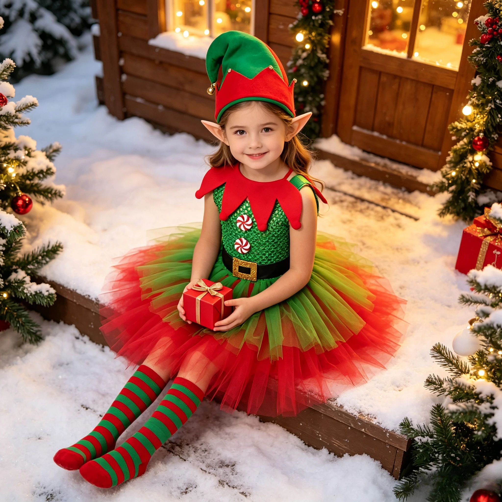 Girls Christmas Carnival Party Performance Role Play Red Green Elf Fairy Mesh Tutu Dress Candy Decoration With Hat Socks Outfit