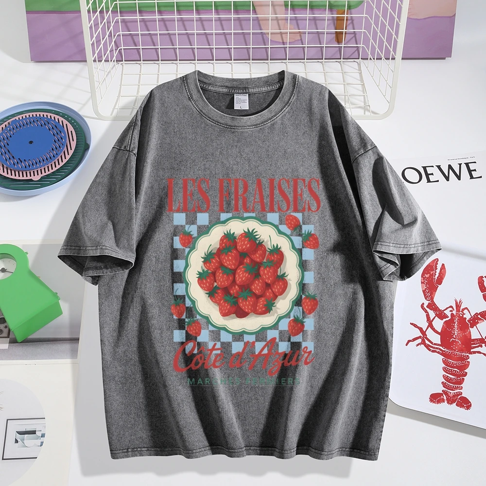 การออกแบบกระดานหมากรุกสตรอเบอร์รี่ตัวอักษรผู้หญิง Y2k Vintage Graphic Tee ลําลองแขนสั้นฤดูร้อน Daily Top 2025 การออกแบบปกติ Fit