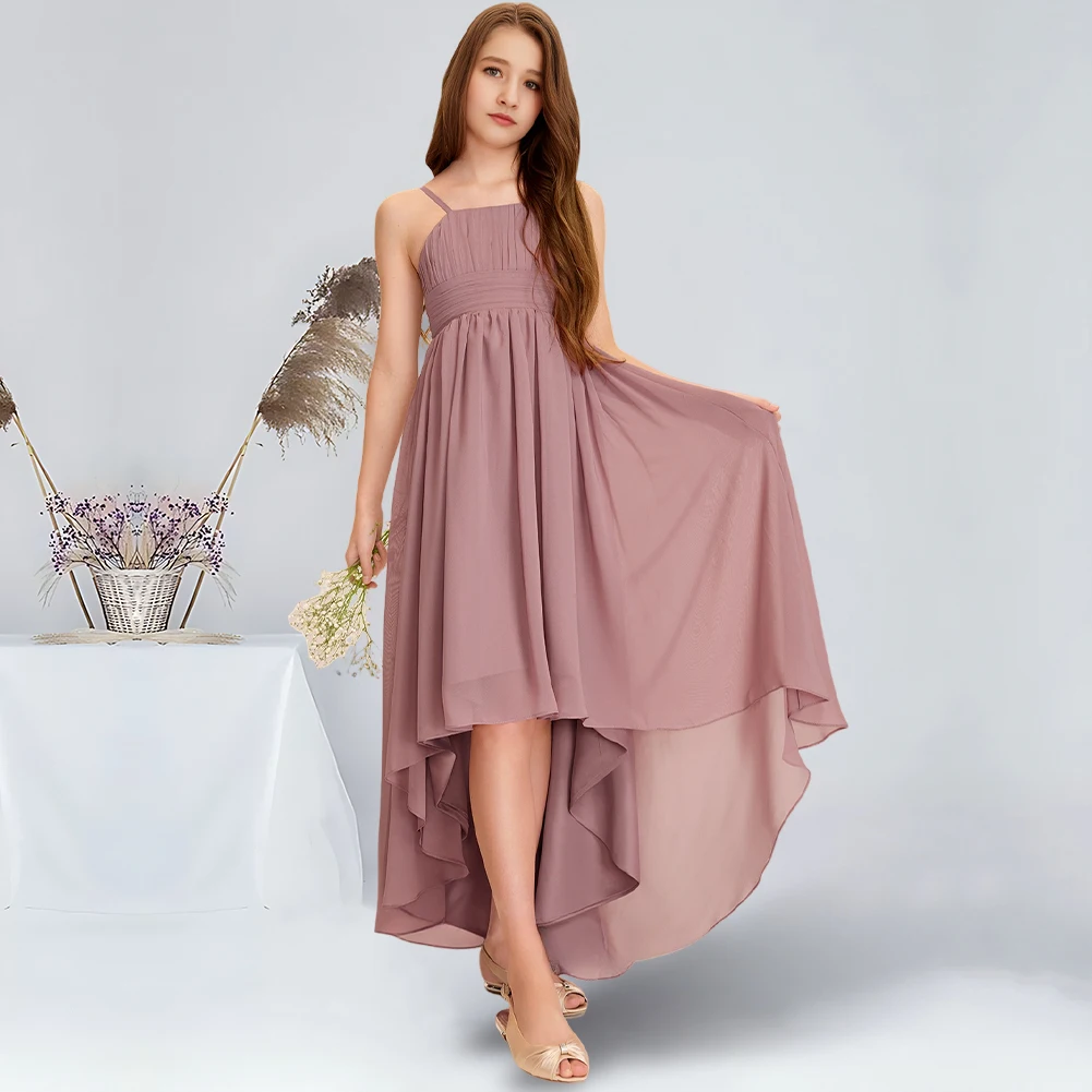 

A-line Square Asymmetrical Chiffon Junior Bridesmaid Dress Vintage Mauve Flower Girl Dress for Wedding Party Dresses For Teens