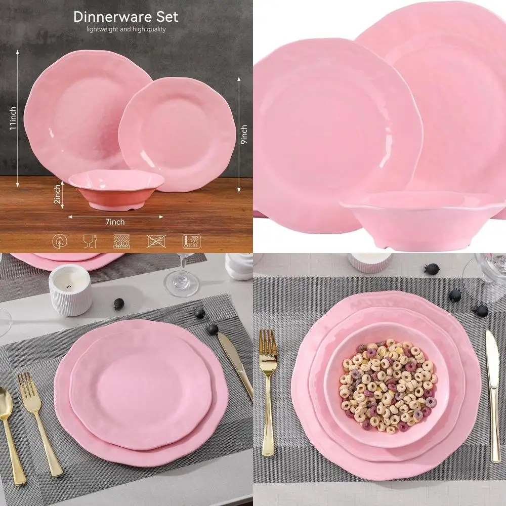 

Unbreakable Melamine Dinnerware Set, 18-Piece Pink Plates & Bowls, Light and Durable, Ideal for RV Camping, Dishwasher Safe