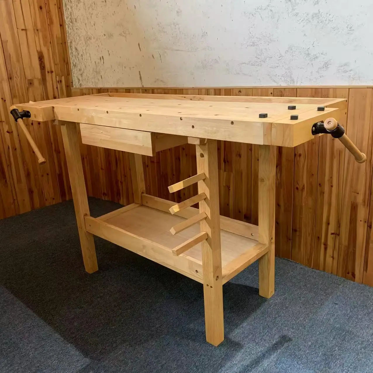 TWO Vise New Home Use Rubber Wood Workbench Elegant Wood Benches on Sale with Durable Bearing Core Components