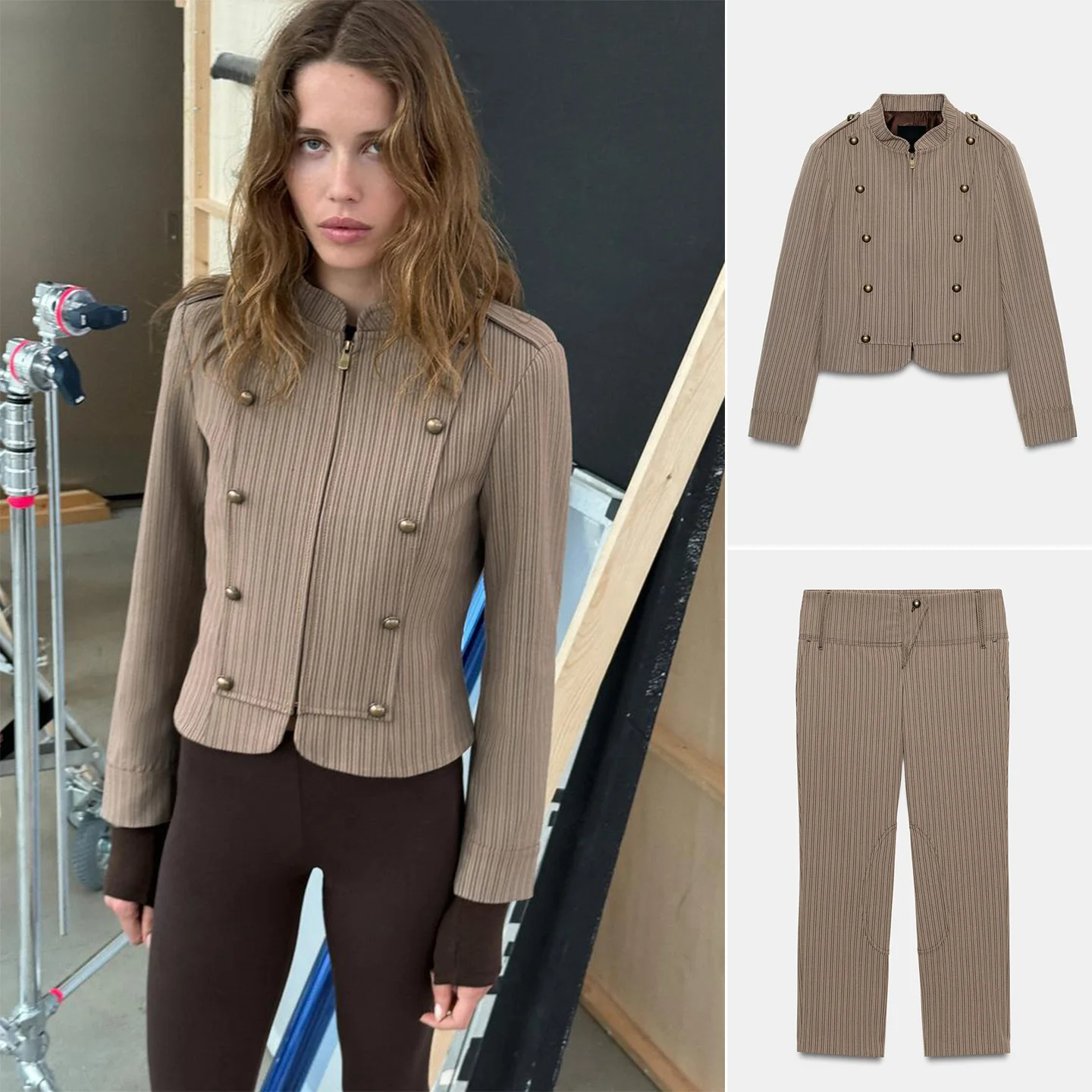 

Slim Fit Long Sleeve round Neck Striped Suit Jacket Casual Pants Women's Fashion Spring Collection Double Button Closure