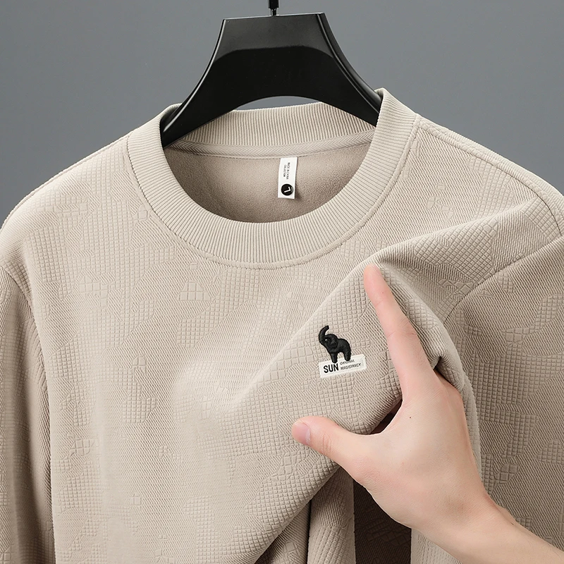 

Мужская футболка с длинными рукавами и воротником-стойкой, однотонная стереоскопическая вышивка, слоник на флисовой подкладке, зимняя модная повседневная мужская одежда