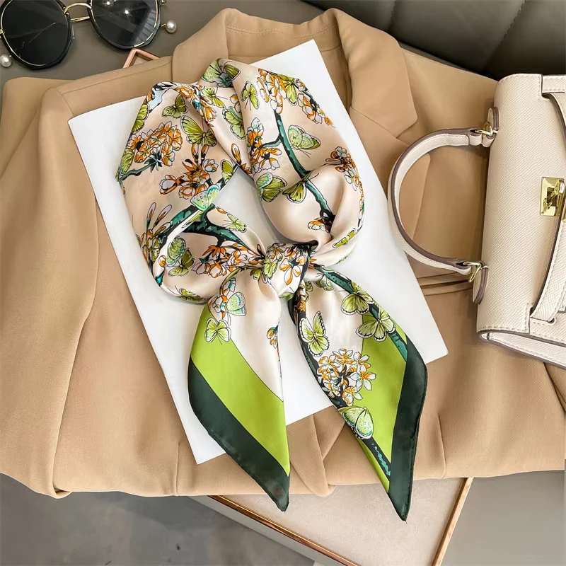 2024 여성용 럭셔리 스퀘어 실크 스카프, 히잡 머리띠, 네커프, 새틴 숄, 리본 머리띠... - 5