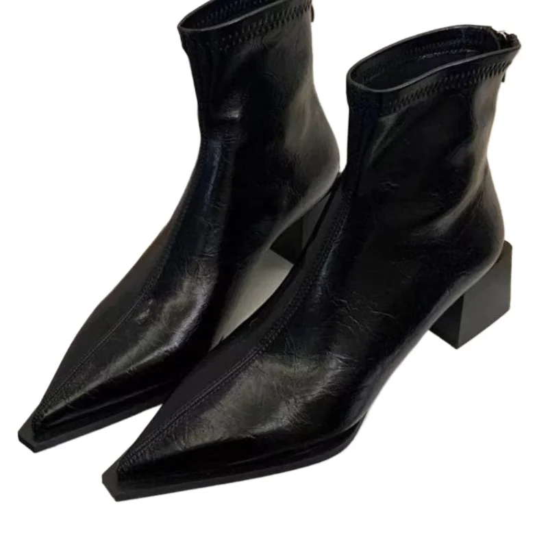 2026 New Fashion Pointed Toe Modern Ladies Short Boots Female Square Heels Women Ankle Stretch Boots Zippers Shoes Pumps 35-42