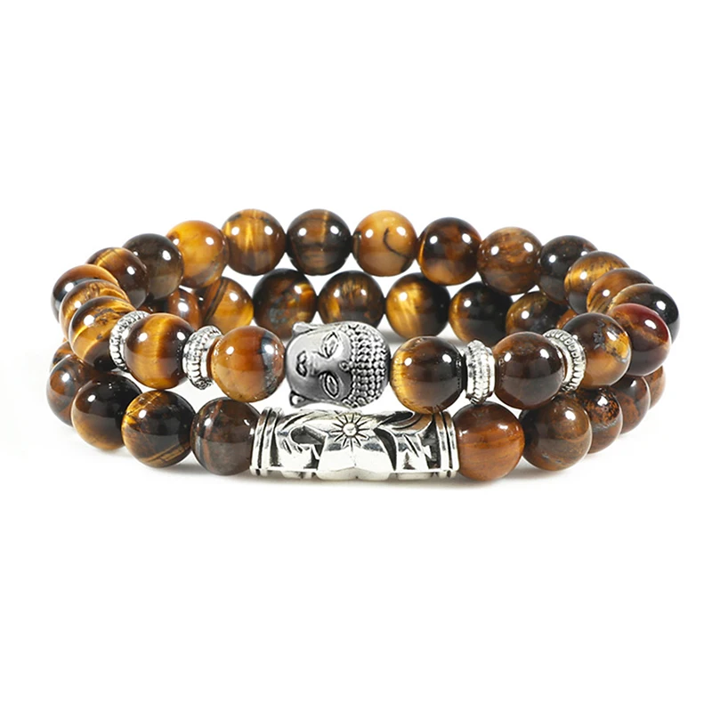 2pcs/set Buddha Head Bracelet for Women Men Natural Tiger Eye Lava Stone Yoga Beads Distance Bracelets Charm Couple Jewelry Gift