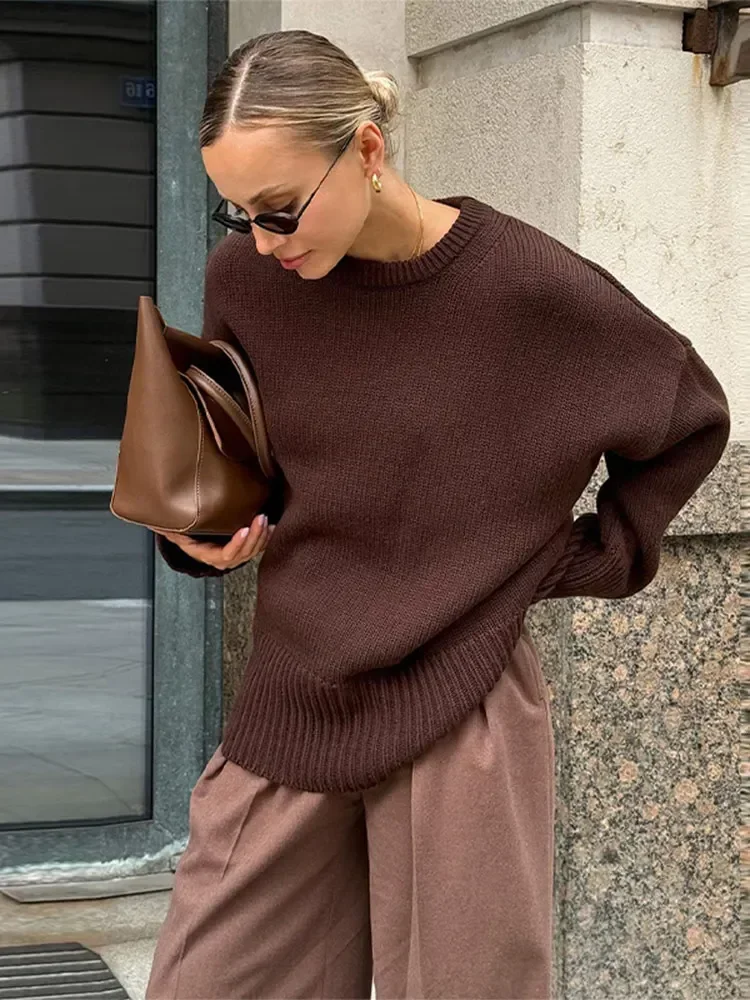 2024 Winter Oversize Grey Sweater Tops For Women Vintage Solid O-neck Long Sleeve Knitted Pullover Autumn New Lady Basic Jumper