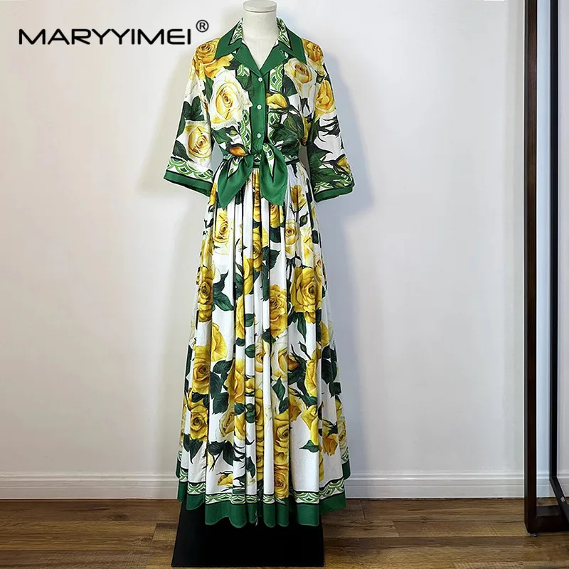 

MARYYIMEI Women's Suit Turn-down Collar Loose Silk short shirt+Split Cotton skirt Yellow rose print Vacation Two Pieces Set