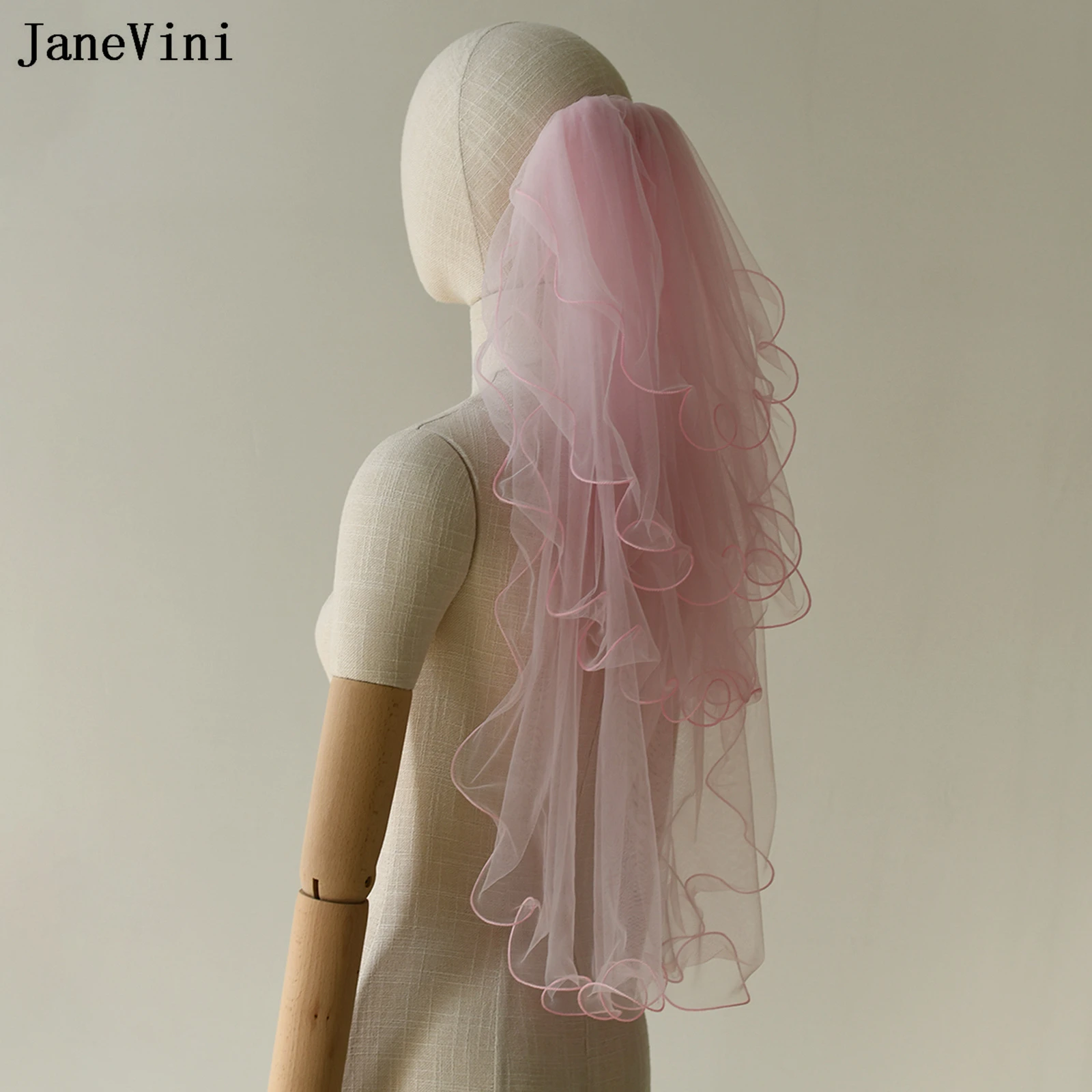 JaneVini New Romantic Pink Short Bridal Veils with Comb Multilayer Tulle Elbow Length Veil Korean Bride Wedding Hair Accessories