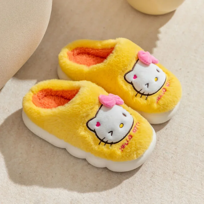 Hello Kitty Cotton Slippers Kawaii Children Winter Warm Plush Shoes Cute Kids Indoor Non-Slip Furry Slippers Warm Slippers Gifts