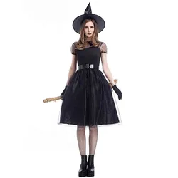 Women'S Vintage Halloween Costume Temperament Mesh Splicing Cosplay Black Witch Performance Costume Set With Hat Belt Gloves