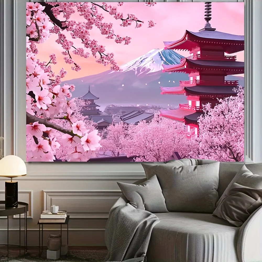 Tapestry Wall Hanging Tapestry Custom Cherry Blossom Pagoda Tapestry - Idyllic Japanese Landscape with Mount Fuji for Home Decor