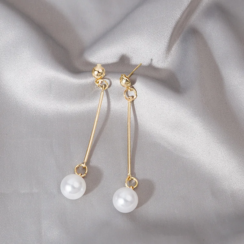 Korean White Pearl Long Dangle Earrings for Women Simple Tassel Round Imitation Pearl Ear Jewelry Valentine\'s Day Gift