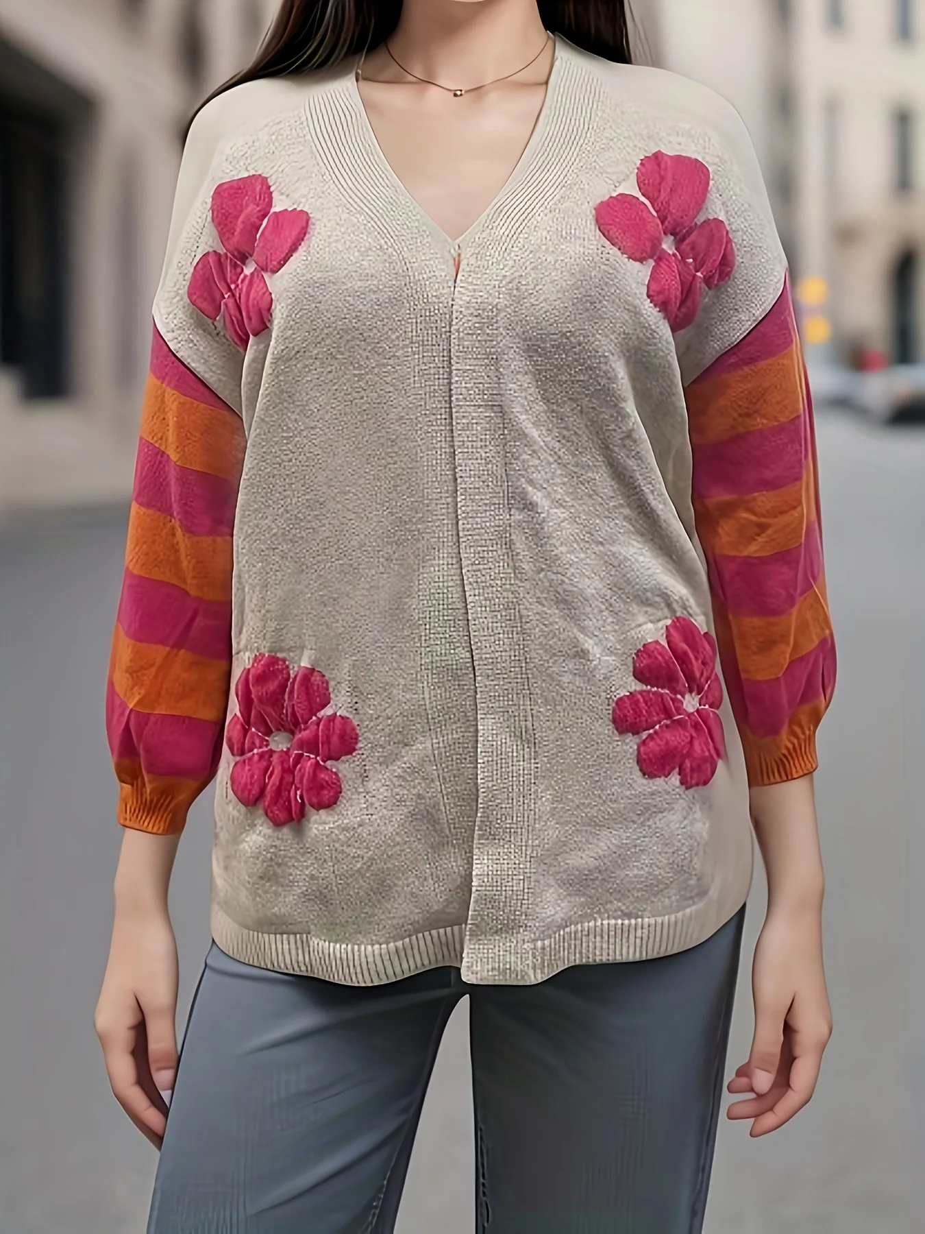 

Women's Rainbow Striped Knitted Cardigan, Fashionable Casual Cardigan with Floral Pattern