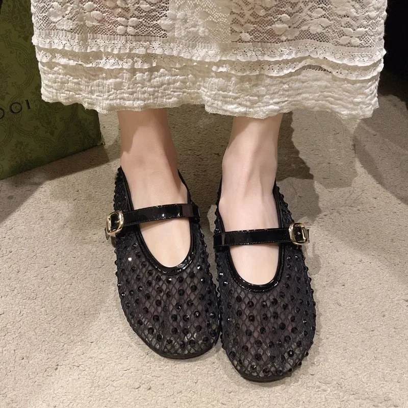 Luxury Crystal Rhinestone Fishnet Ballet Flats Woman Brand Design Rivet Studs Mesh Mary Jane Shoes Ladies Summer Cut Out Loafers
