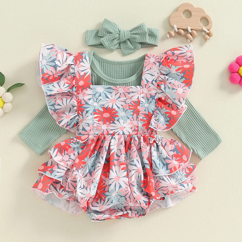 

Newborn Baby Girl Spring Fall Clothes Solid Color Ribbed Knit Romper Ruffles Floral Print Overall Headband Cotton Infant Outfits