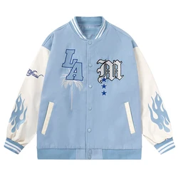 Letter Embroidery Men's Baseball Jacket Y2k Flame Leather Varsity Jacket Windbreaker High Street Hip-Hop Vintage Coat Clothing