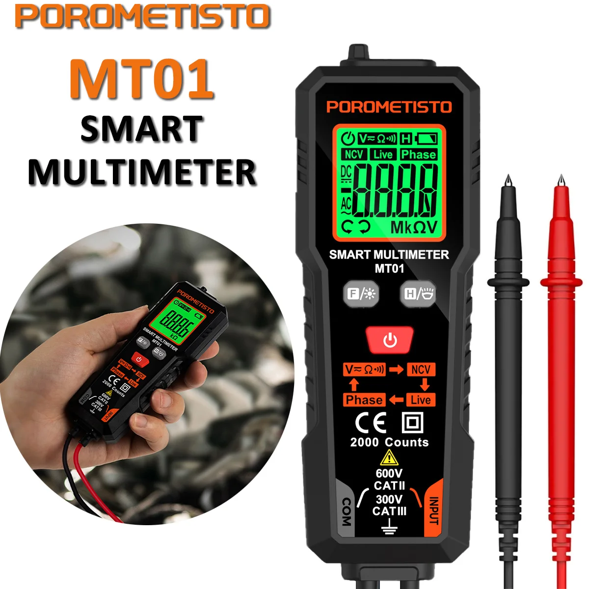 POROMETISTO MT01 Digital Multimeter Voltage Tester 2000 Counts AC/DC Volt Meter True RMS NCV Phase Test Auto-Ranging Multimetro