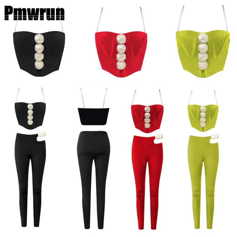 

PMWRUIN 2-х предметные комплекты для йоги для женщин, топ-спагетти с цветочным принтом, с 3D розами и вырезами, леггинсы, мягкий костюм для фитнеса и тренировок для йоги