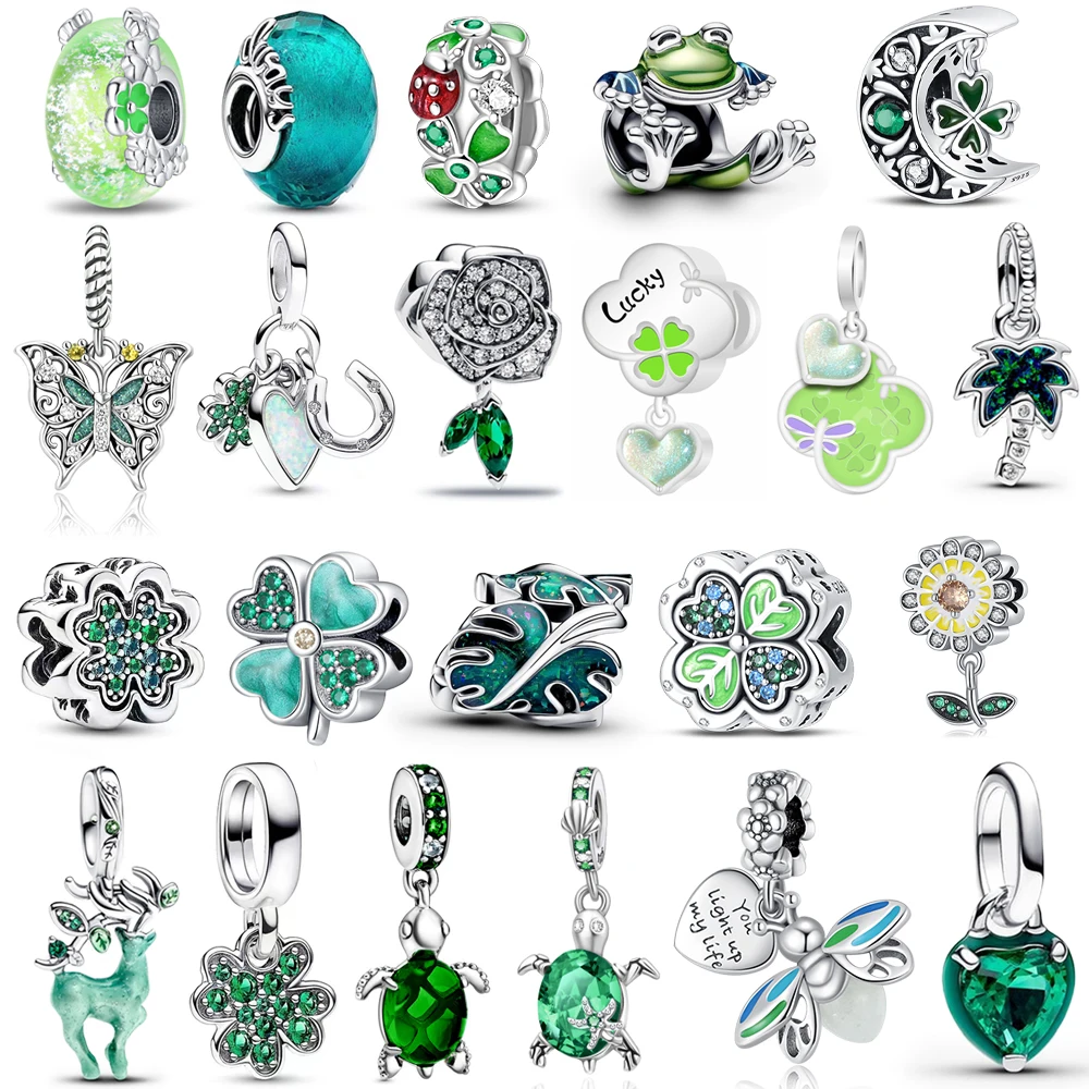 

Green Series 925 Sterling Silver Climbing Frog & Glow-in-the-dark Deer & Monstera Leaves Dangle Charm Fits Pandora Bracelet Bead