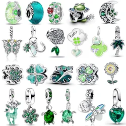 Green Series 925 Sterling Silver Climbing Frog & Glow-in-the-dark Deer & Monstera Leaves Dangle Charm Fits Brand Bracelet Bead